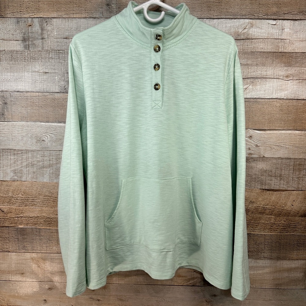T by Talbots Mint Green Mock Neck Button Pullover Kangaroo Pocket Top XL